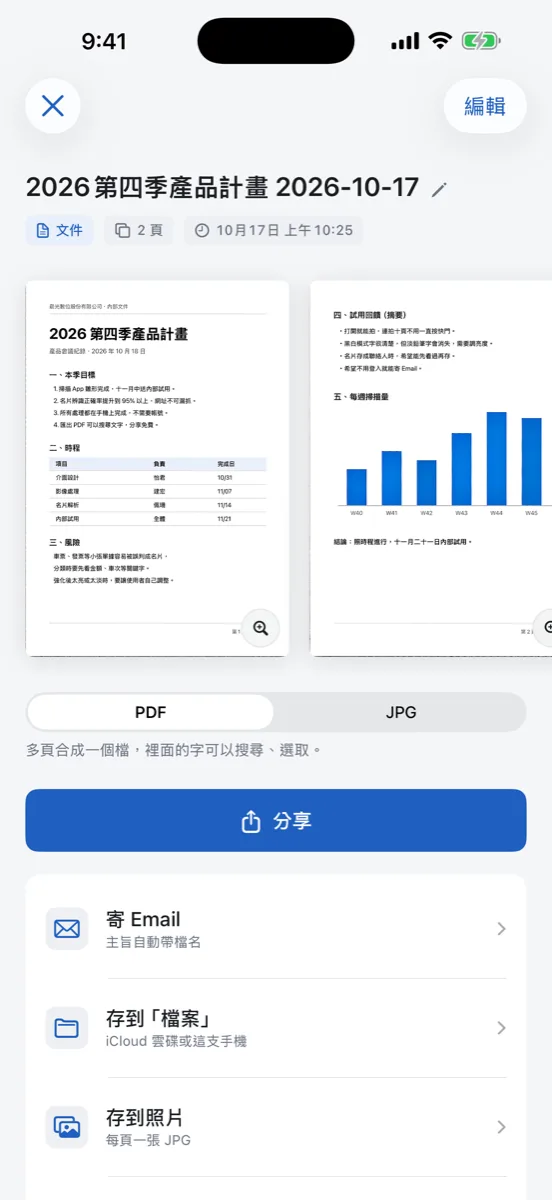 匯出頁:PDF、分享、寄 Email